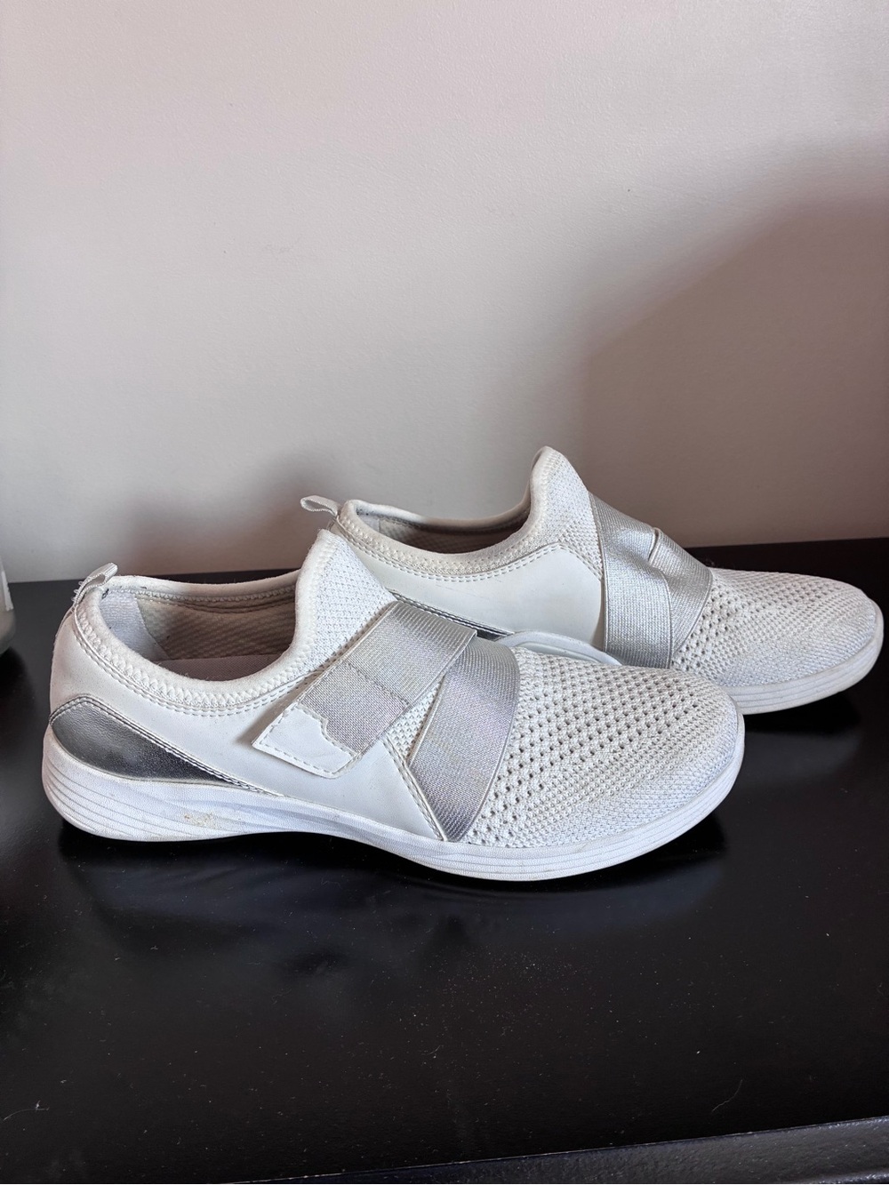 Skechers White Knit Slip-On Sneakers with Silver Accents